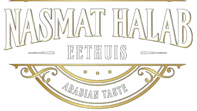 Het logo van Nasmat Halab: de naam in witte letters met een gouden sierlijst eromheen en de woorden Eethuis en Arabian Taste.